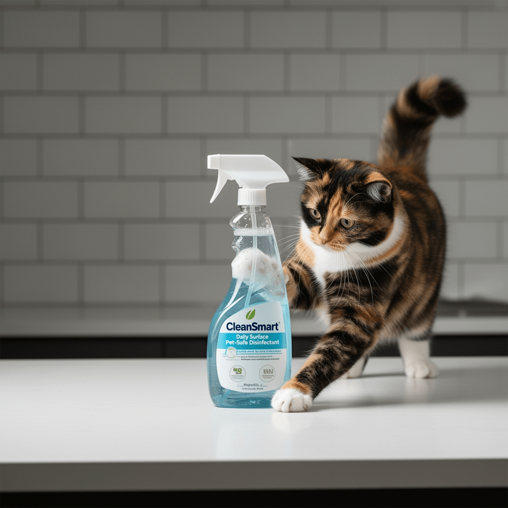 CleanSmart Daily Surface Cleaner and Pet-Safe Disinfectant with cat - professional product lifestyle photo