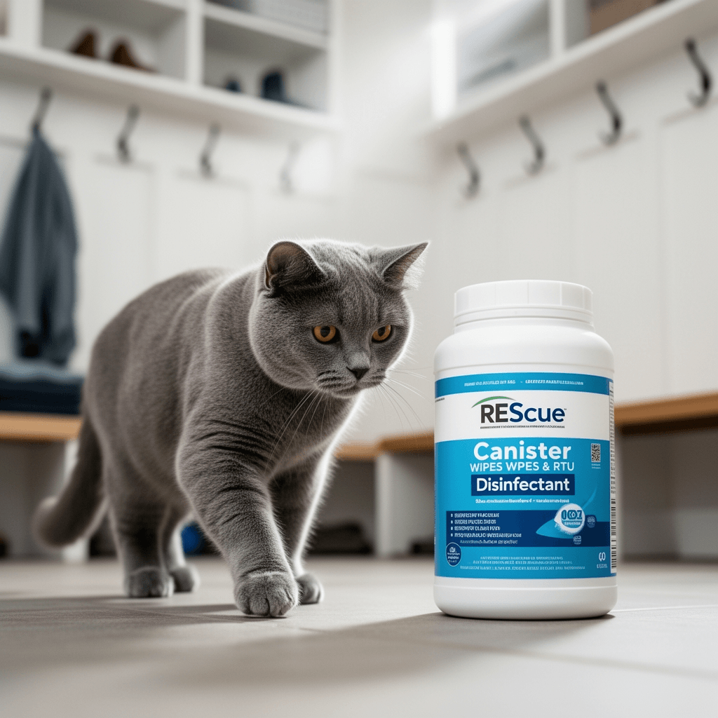 REScue Canister Wipes & RTU 32oz Disinfectant – Disinfectant with cat - professional product lifestyle photo