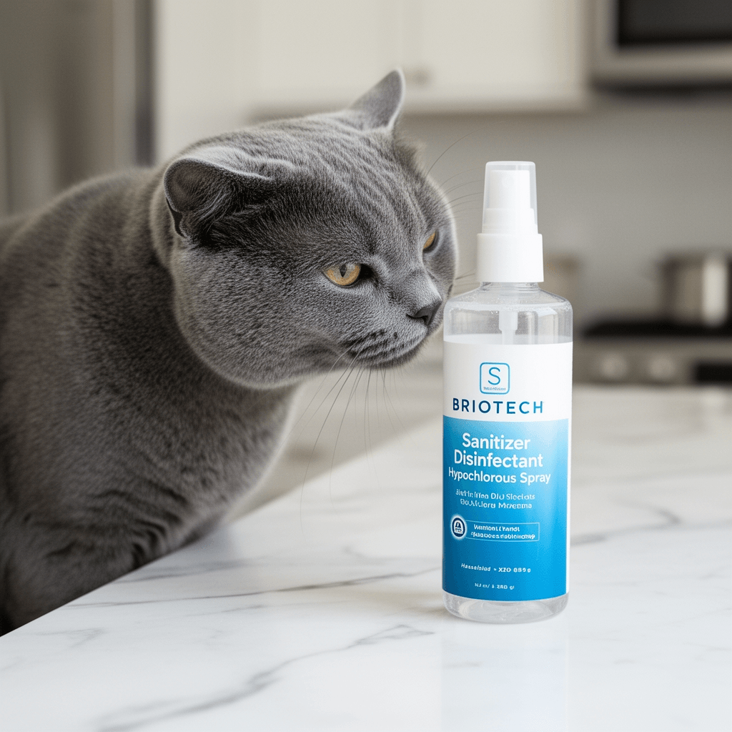 BRIOTECH Sanitizer Disinfectant Hypochlorous Spray with cat - professional product lifestyle photo