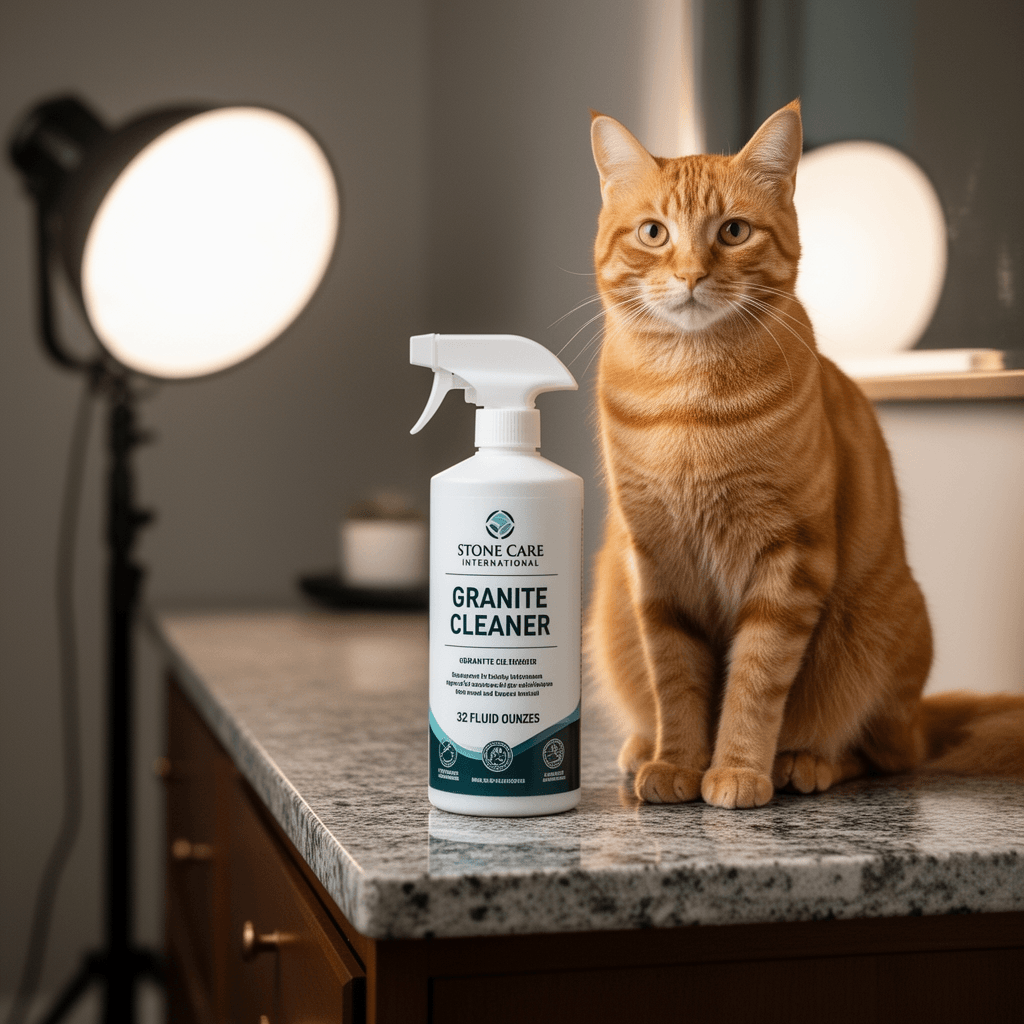 Rock Doctor Granite Cleaner with cat - professional product lifestyle photo