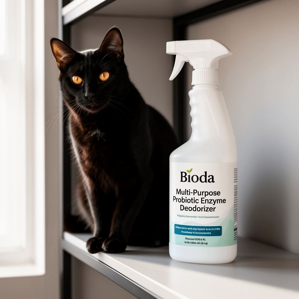 Bioda Multi-Purpose Probiotic Enzyme Cleaner and Deodorizer with cat - professional product lifestyle photo