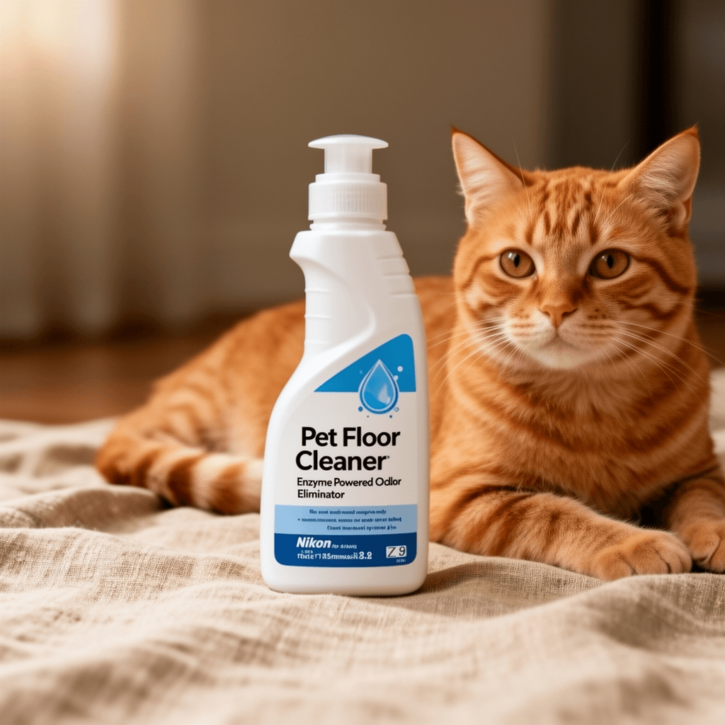 Pet Floor Cleaner – Enzyme Powered Odor Eliminator. Floor with cat - professional product lifestyle photo