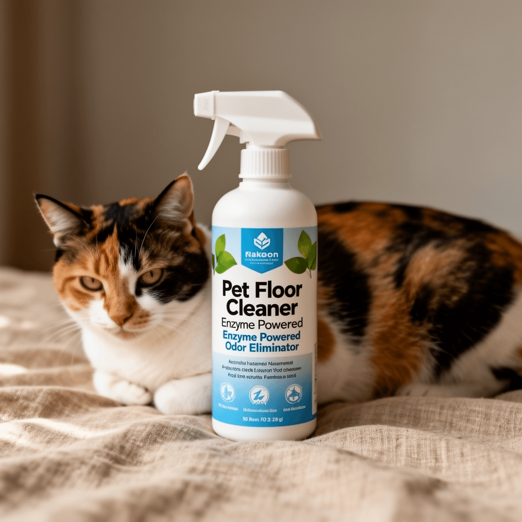 Pet Floor Cleaner – Enzyme Powered Odor Eliminator. Floor with cat - professional product lifestyle photo