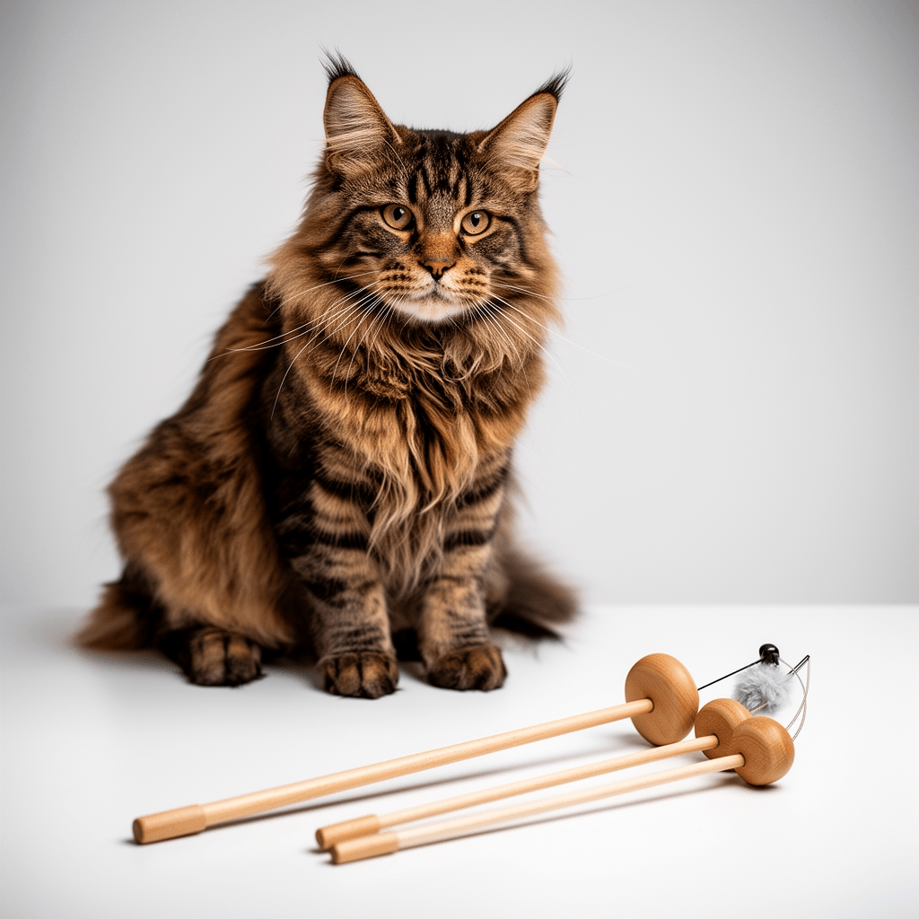 3-Piece Natural Wooden Cat Teaser Wand Toy Kit with 5 with cat - professional product lifestyle photo