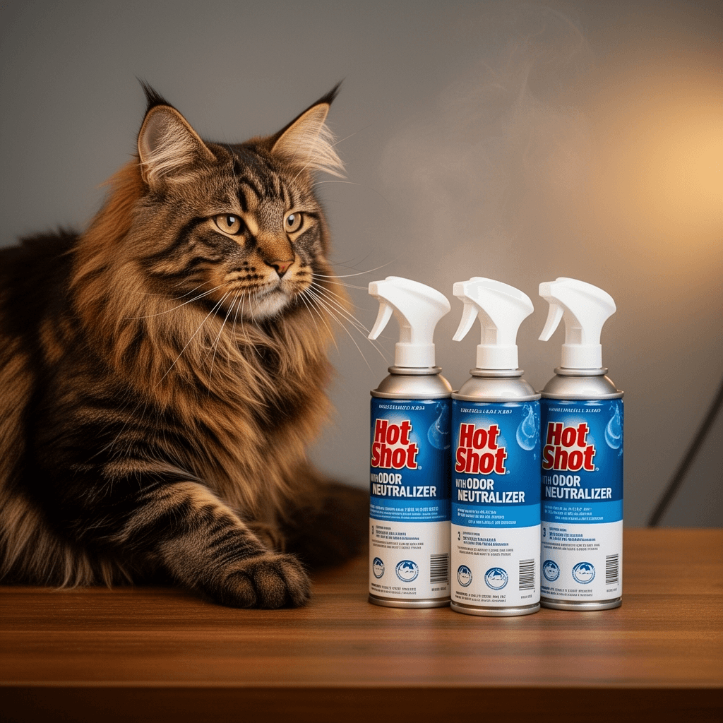 Hot Shot Fogger With Odor Neutralizer 3 Count-2 Ounce Cans with cat - professional product lifestyle photo