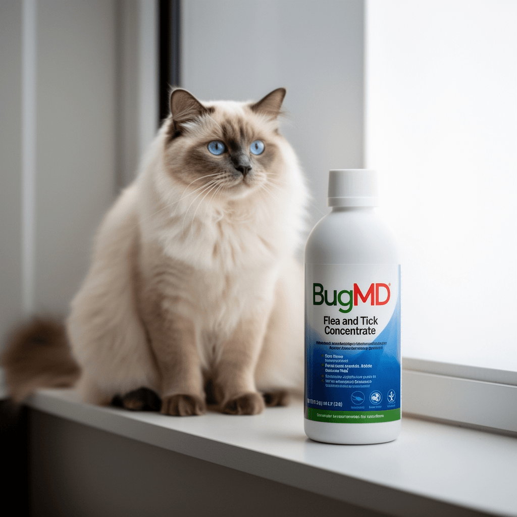BugMD Flea and Tick Concentrate with cat - professional product lifestyle photo