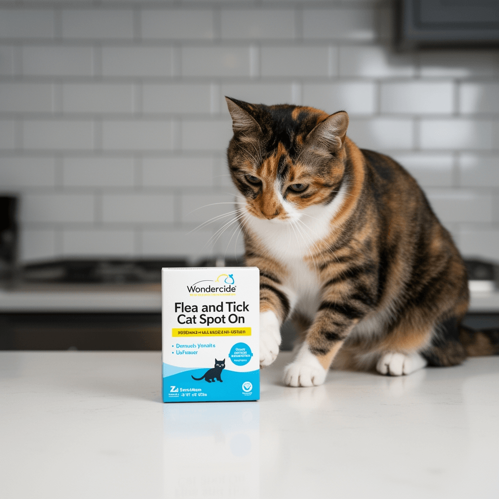 Wondercide - Flea and Tick Cat Spot On - Flea with cat - professional product lifestyle photo