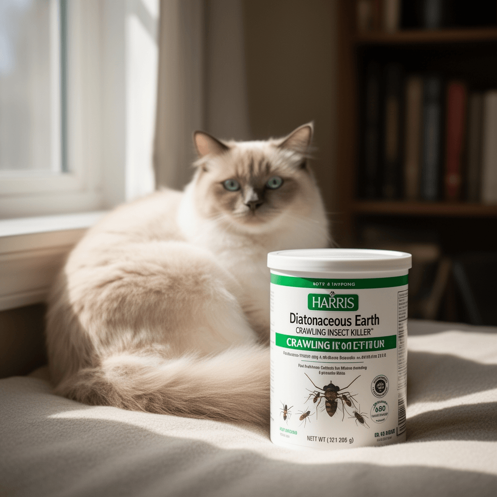Harris 8 oz Diatomaceous Earth Crawling Insect Killer , 100 with cat - professional product lifestyle photo