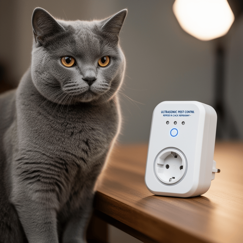 Ultrasonic Pest Control Repeller Plug in 2 Pack Repellent - with cat - professional product lifestyle photo