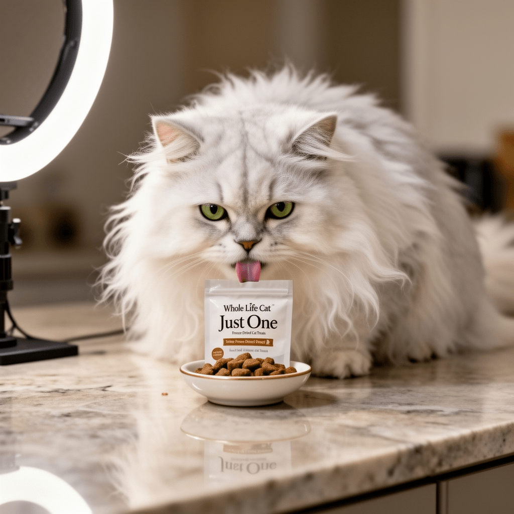 Whole Life Cat Just One Turkey Freeze Dried Cat Treats - with cat - professional product lifestyle photo