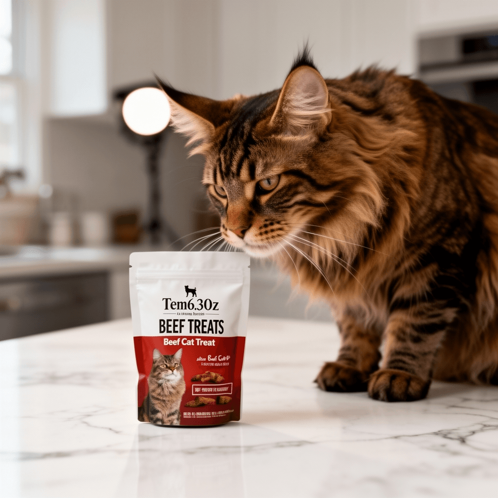 Tem6.3OZ Beef Cat Treat with cat - professional product lifestyle photo