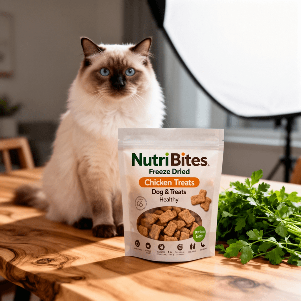 Freeze Dried Chicken Treats for Cats & Dogs -1LB Big Bag with cat - professional product lifestyle photo
