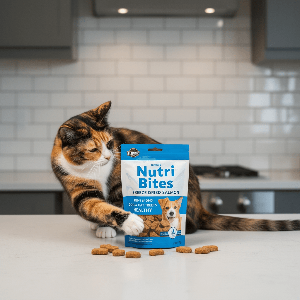Nutri Bites Freeze Dried Salmon Dog & Cat Treats | Healthy with cat - professional product lifestyle photo