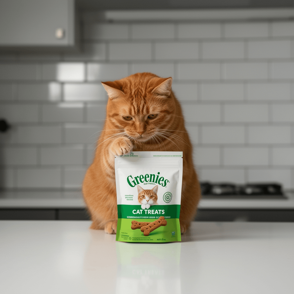 Greenies Cat Treats with cat - professional product lifestyle photo