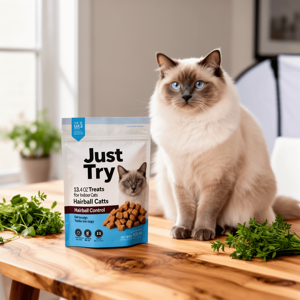 Just Try 13.4 OZ Cat Treats for Indoor Cats Hairball Control with cat - professional product lifestyle photo