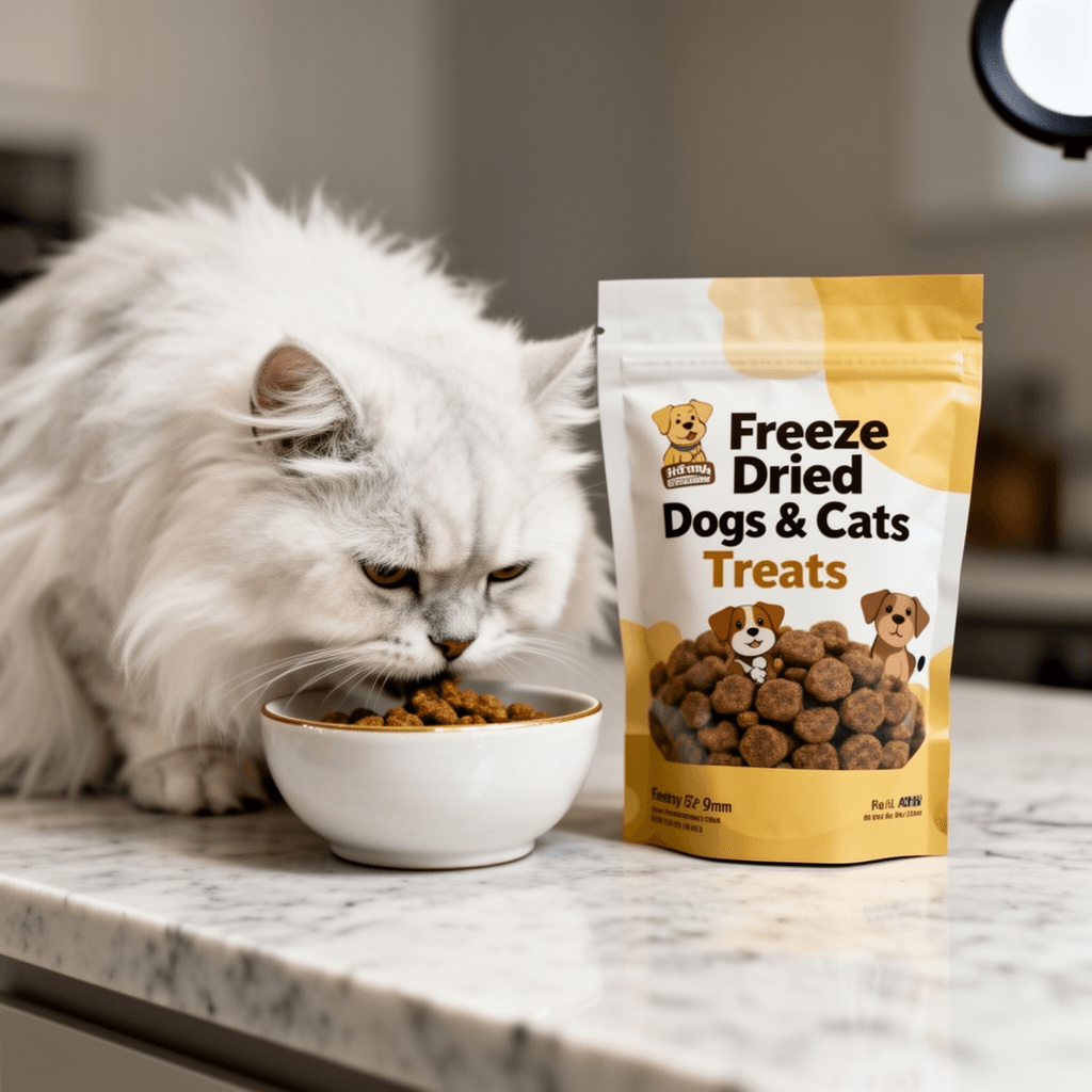Freeze Dried Dogs & Cats Treats with cat - professional product lifestyle photo