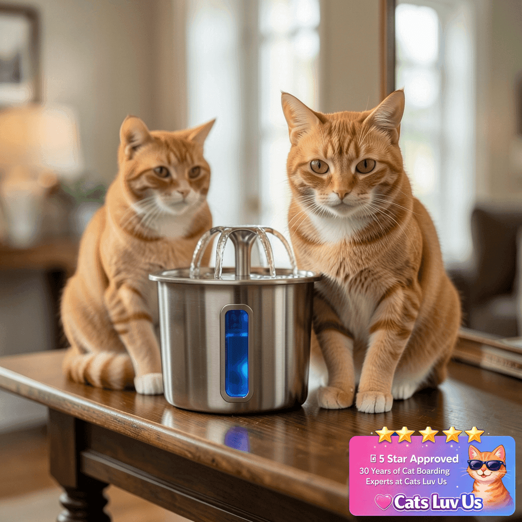 Veken Innovation Award Winner Stainless Steel Cat Water with cat - professional product lifestyle photo