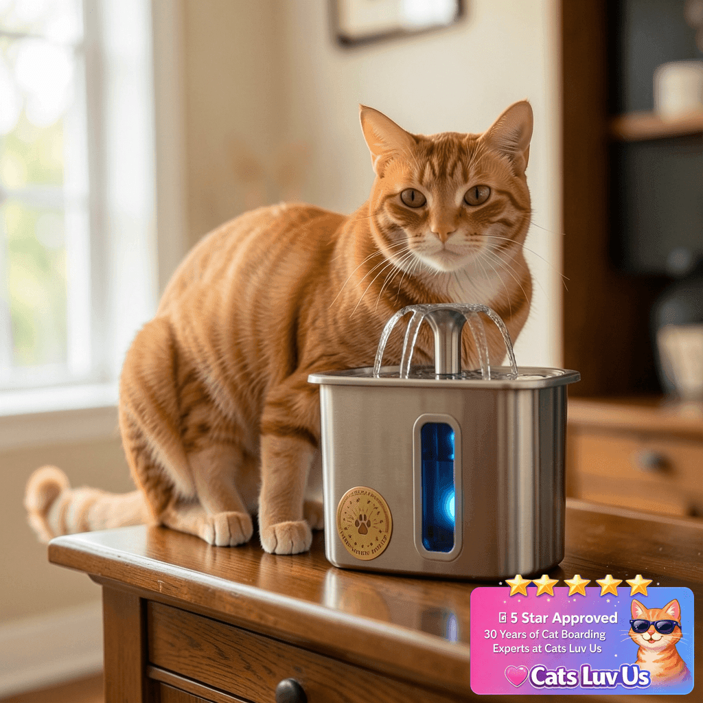 Veken Innovation Award Winner Stainless Steel Cat Water with cat - professional product lifestyle photo