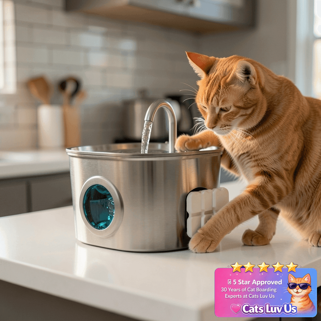 Cat Water Fountain Stainless Steel: Pet Fountains for Cats/ with cat - professional product lifestyle photo