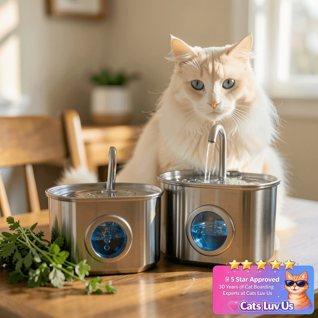 Cat Water Fountain Stainless Steel: 74oz/2.2L Cat Fountain with cat - professional product lifestyle photo