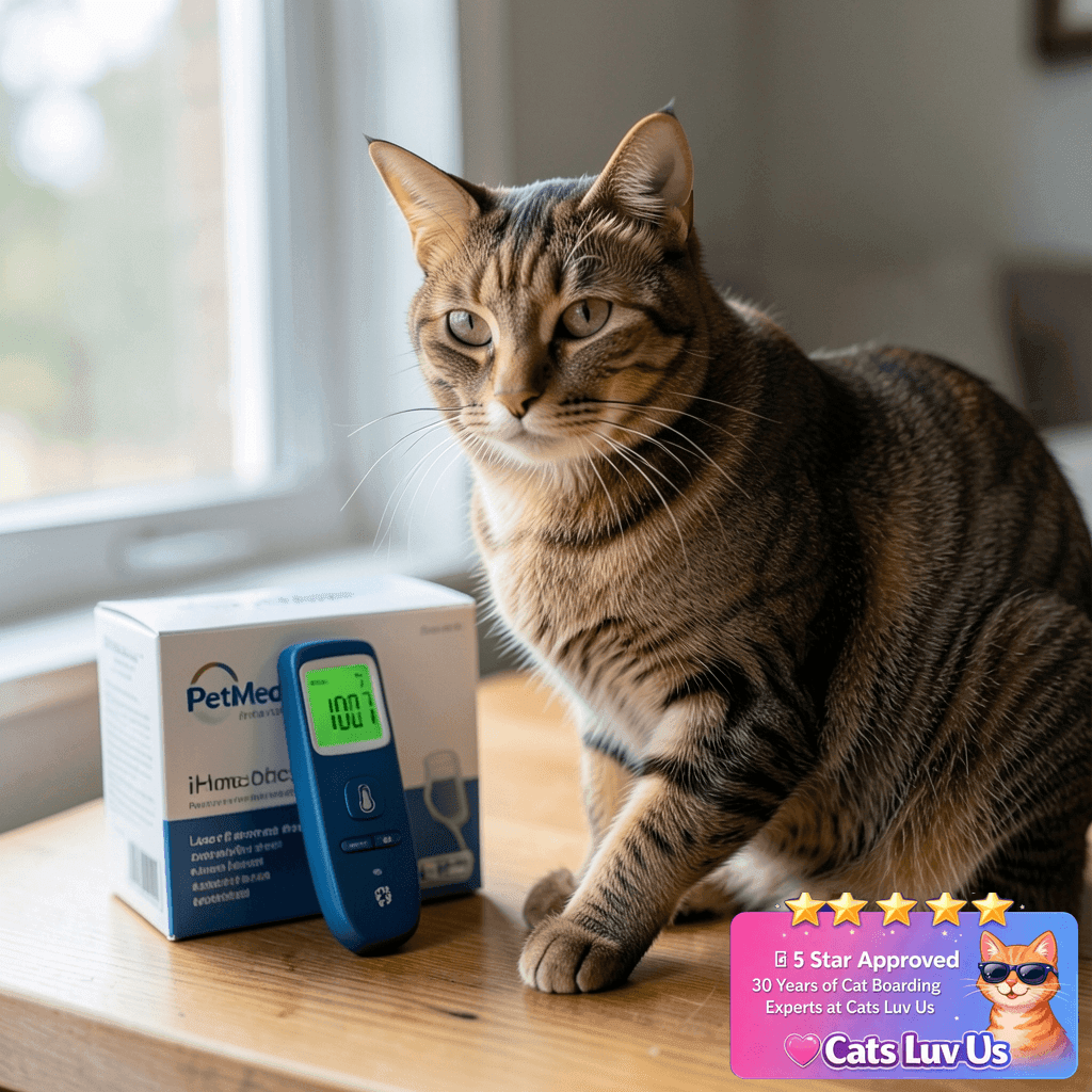 PetMedics by iHome Cat & Dog Thermometer for Pets Ear or Belly No Contact Scan with cat - professional product lifestyle photo