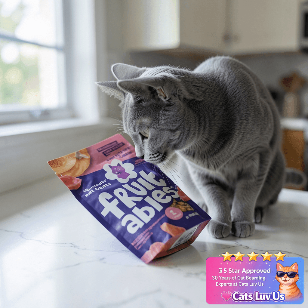Fruitables Cat Treats with cat - professional product lifestyle photo