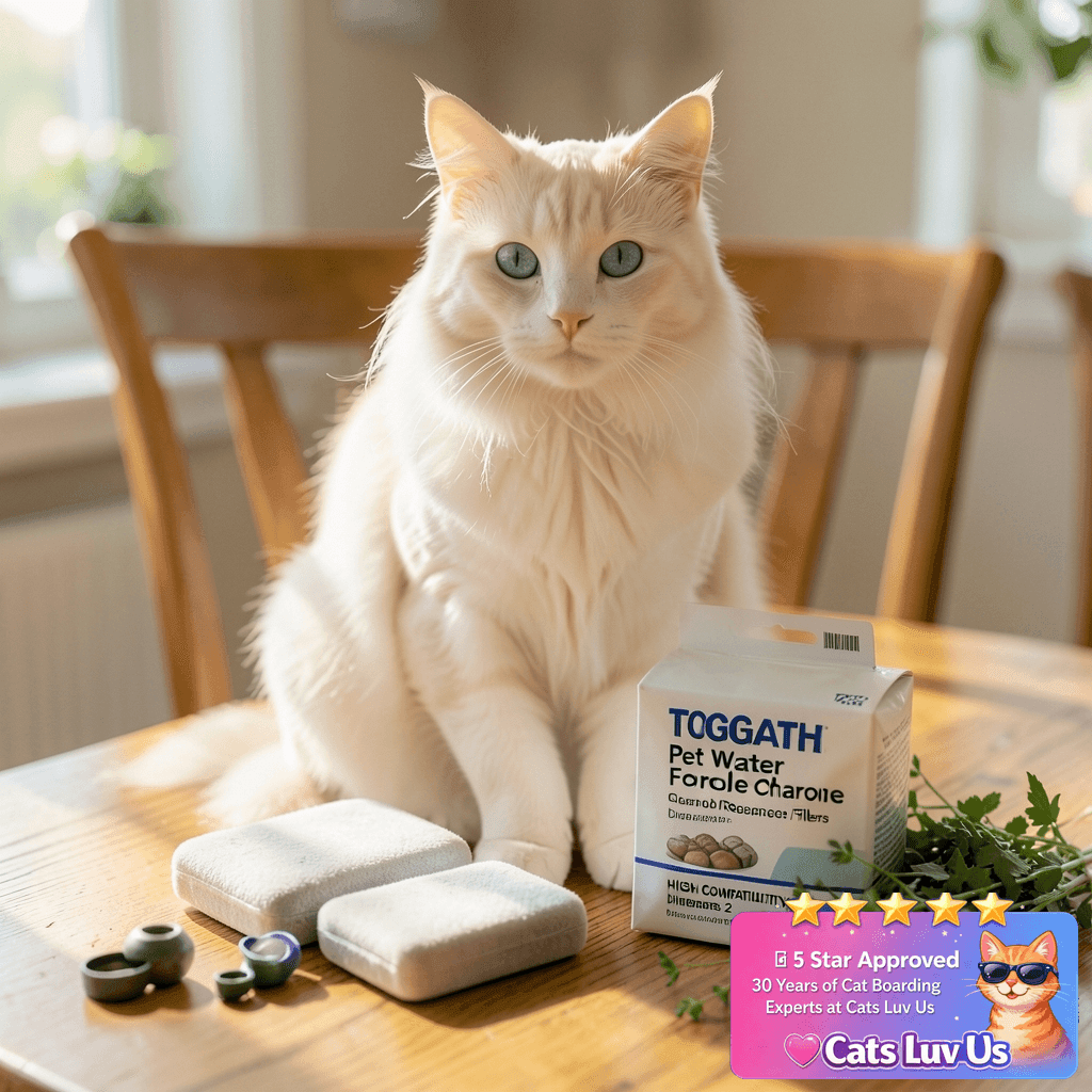 TOGGATH Pet Water Fountain Charcoal Replacement Filters with cat - professional product lifestyle photo