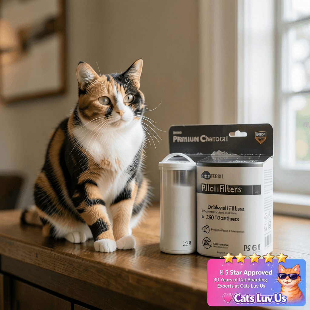 Premium Charcoal Filters for PetSafe Drinkwell 360 Fountains with cat - professional product lifestyle photo