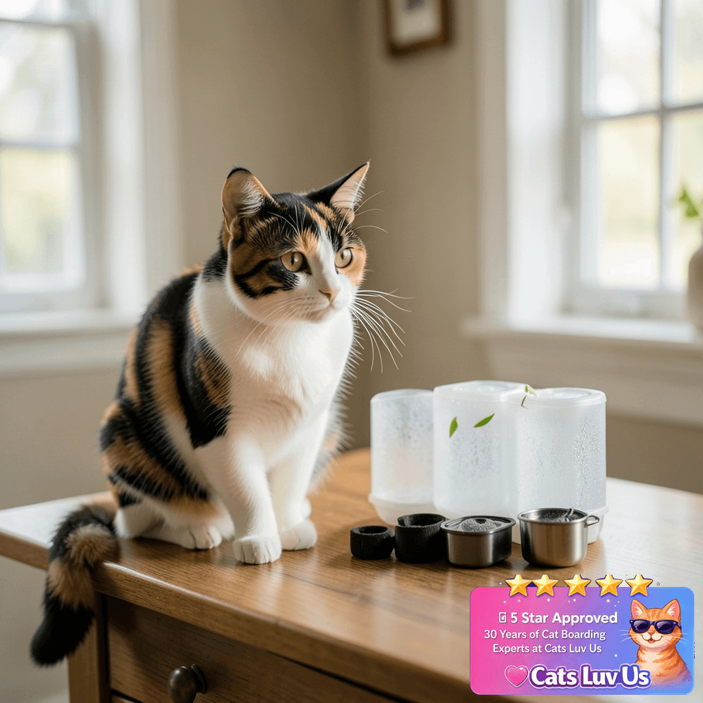 Cat Water Fountain Filters for 108/3.2L& 67oz/2L Stainless with cat - professional product lifestyle photo