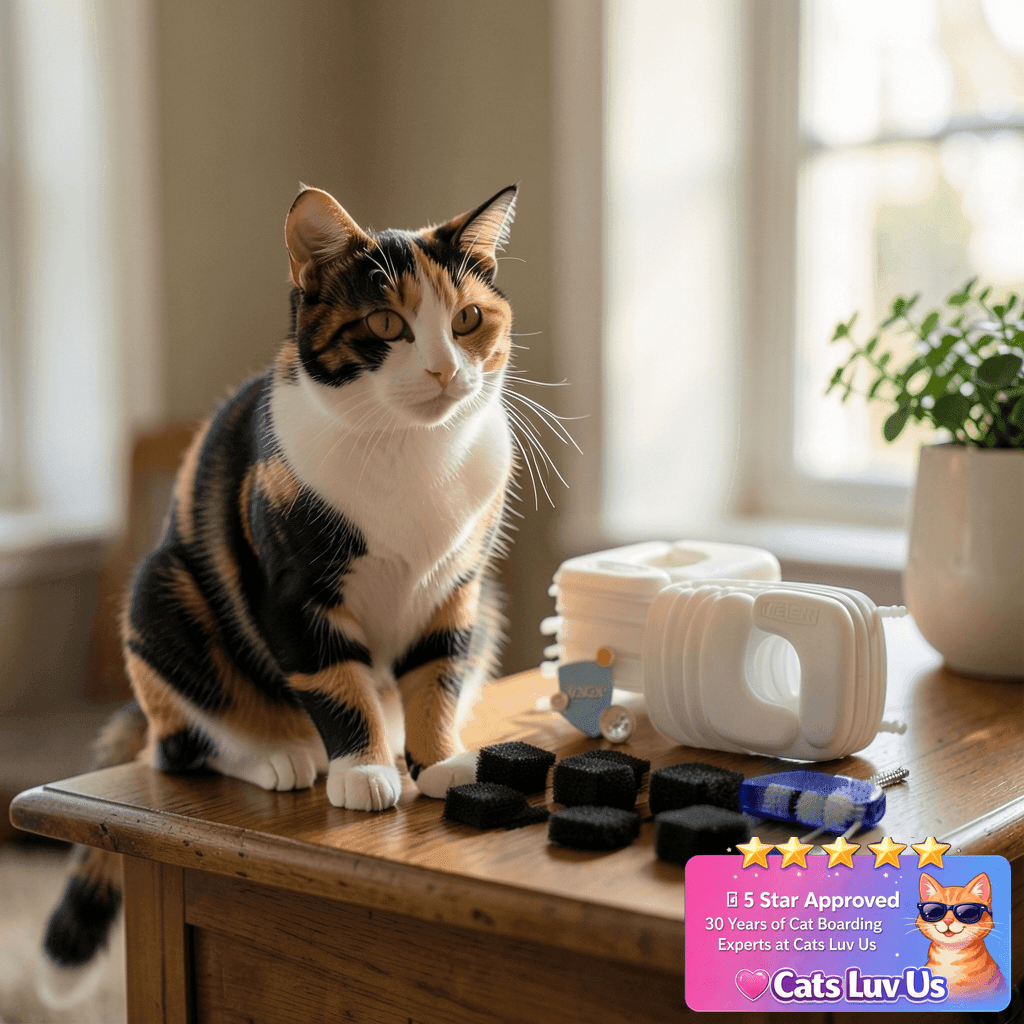Veken Cat Water Fountain Filters with cat - professional product lifestyle photo