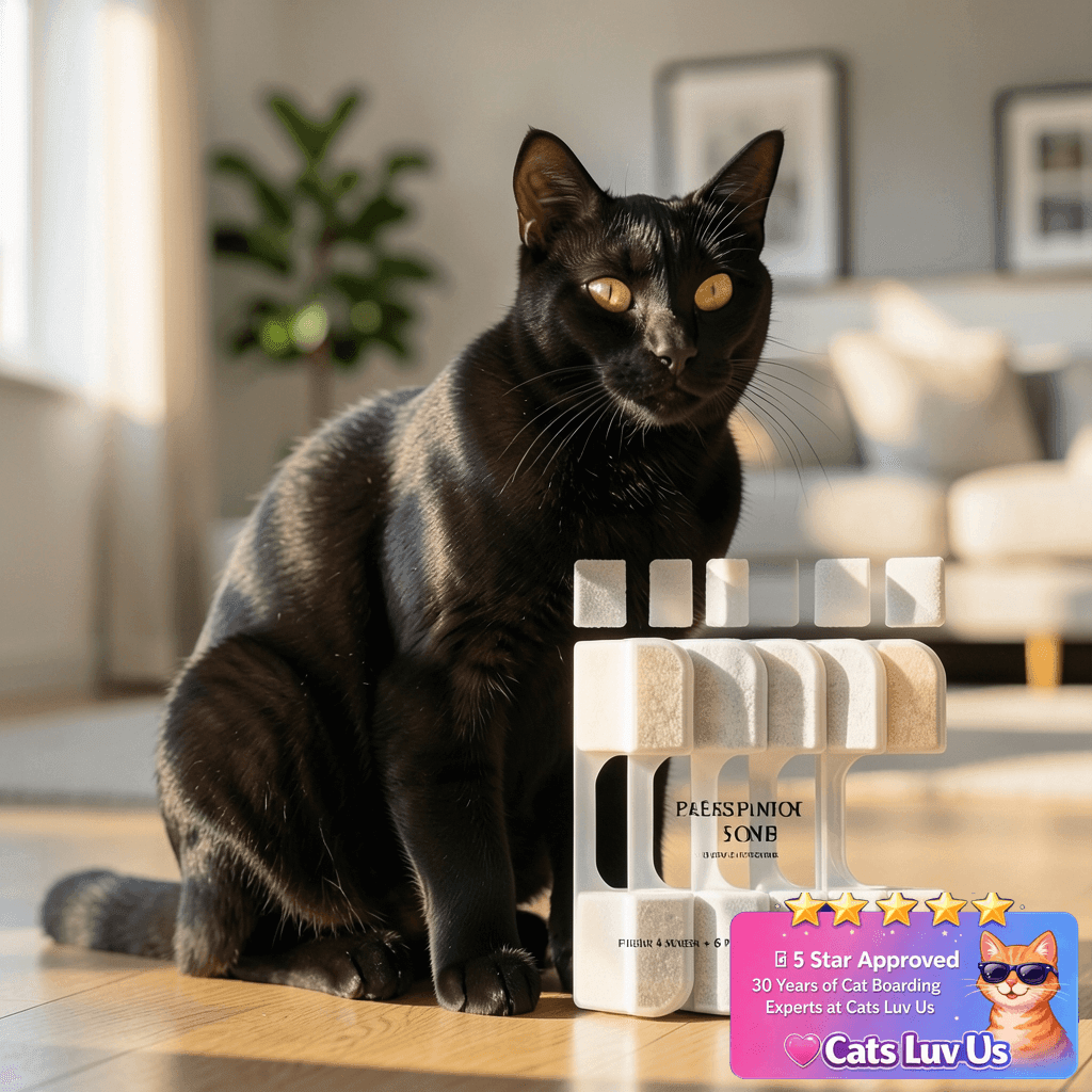 6 Pack Replacement Filters + 6 Pump Sponges for Cat Water with cat - professional product lifestyle photo