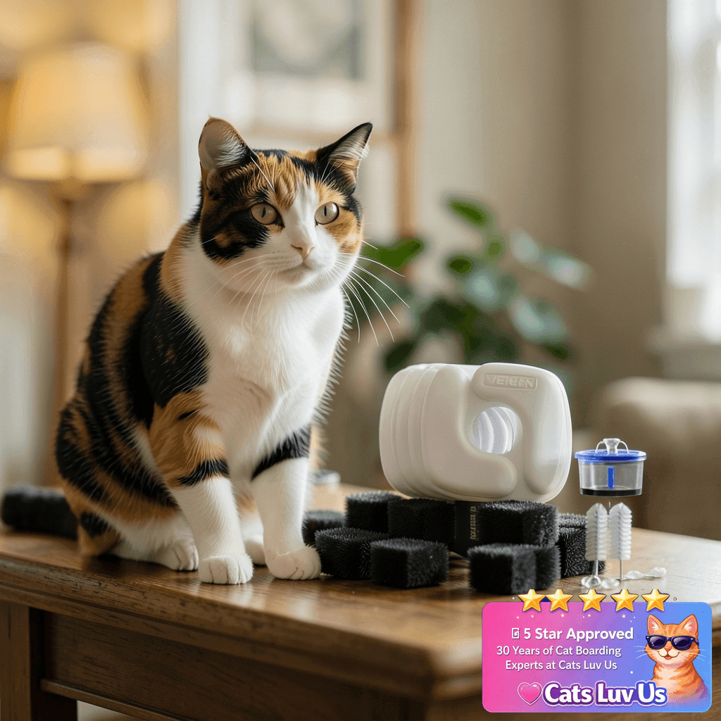 Veken Cat Water Fountain Filters with cat - professional product lifestyle photo