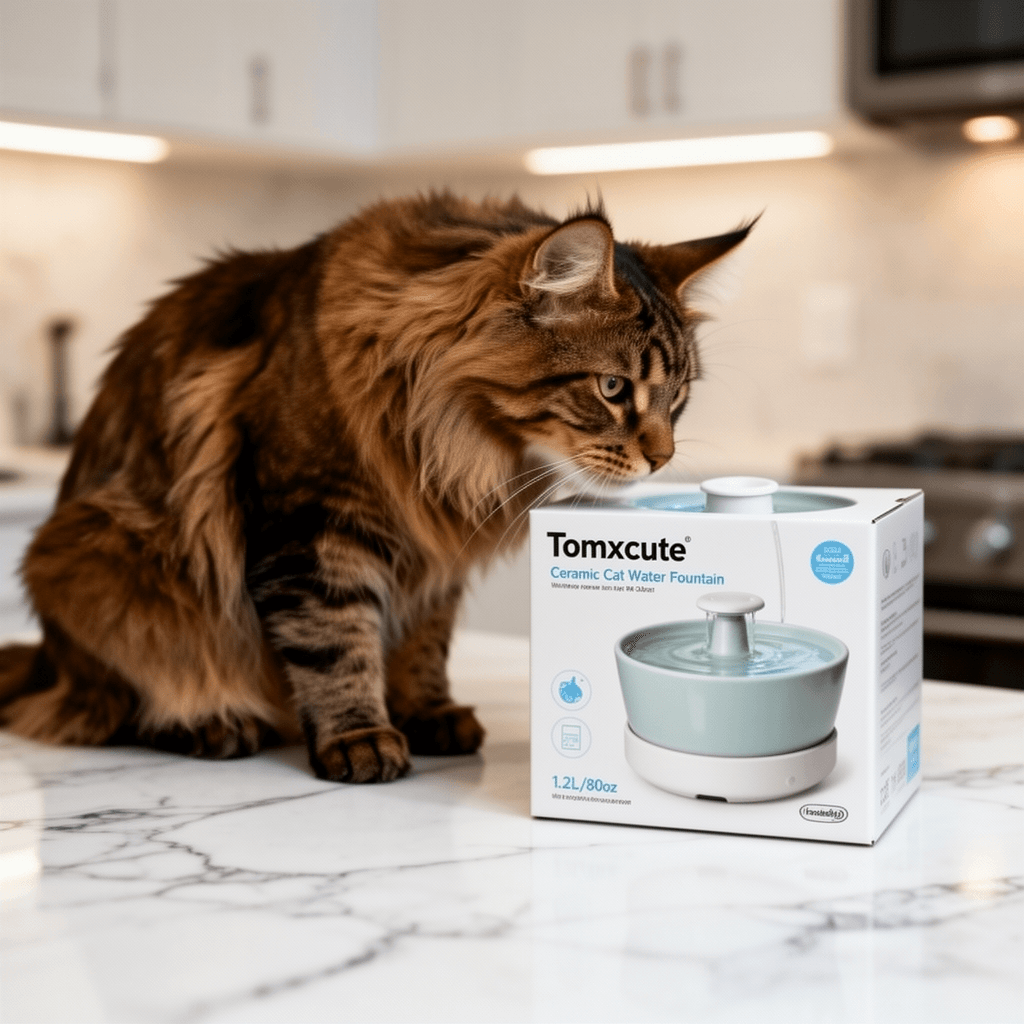 Tomxcute Ceramic Cat Water Fountain - 1.2L/40oz Ultra-Quiet with cat - professional product lifestyle photo