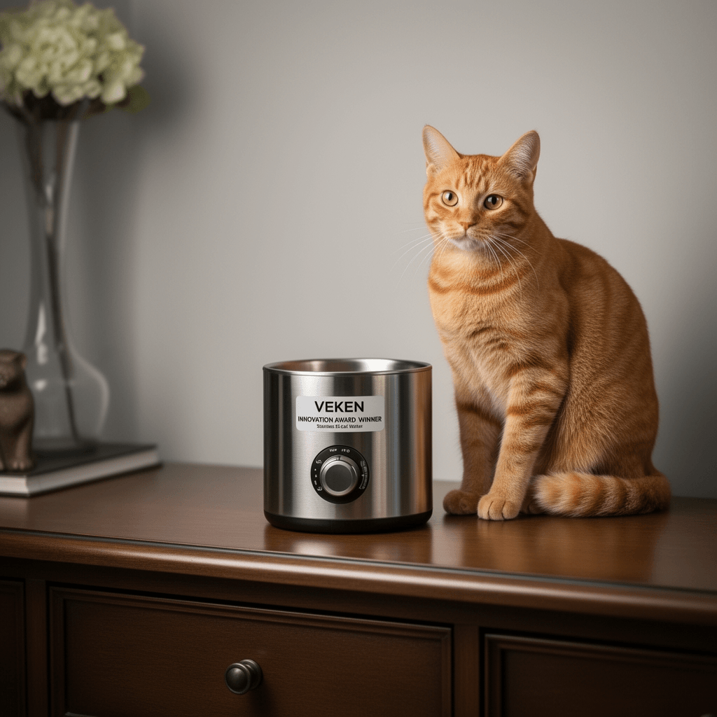Veken Innovation Award Winner Stainless Steel Cat Water with cat - professional product lifestyle photo