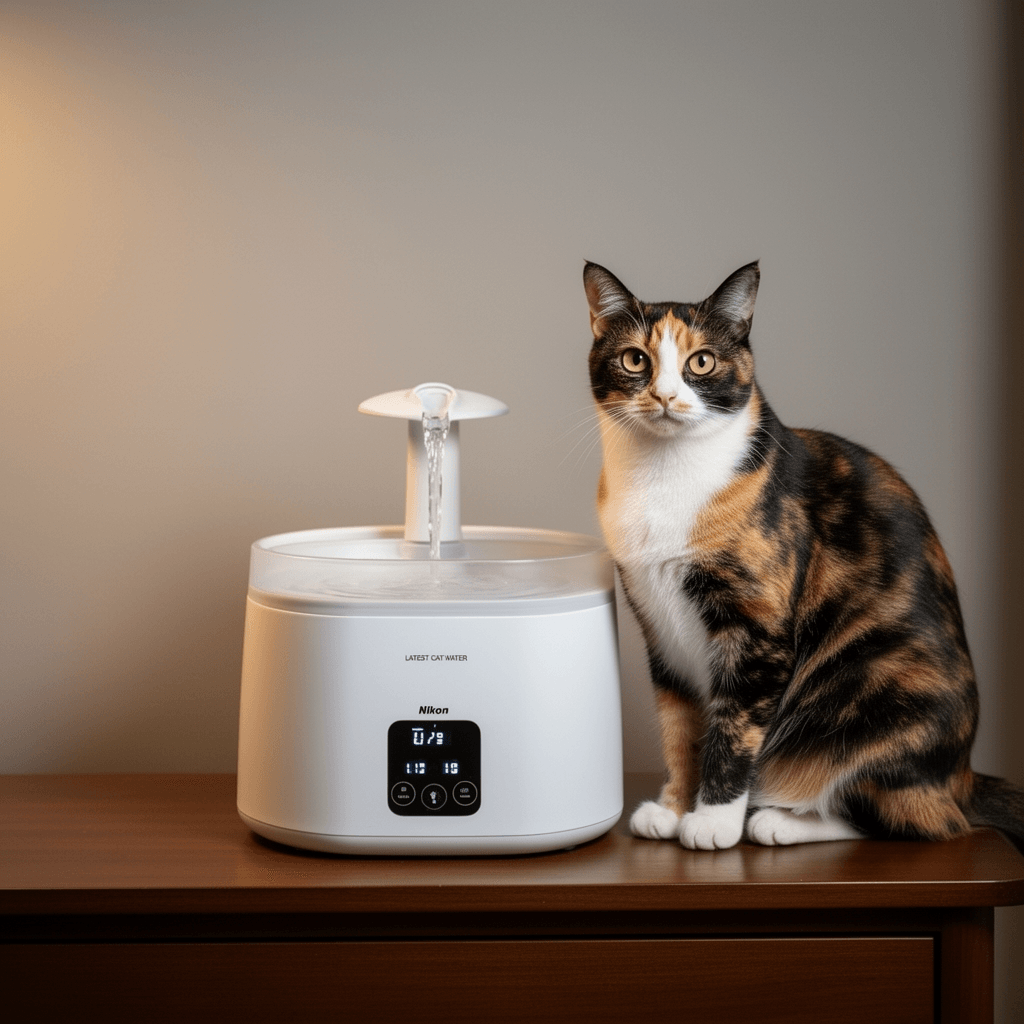 2026 Latest Cat Water Fountain with cat - professional product lifestyle photo