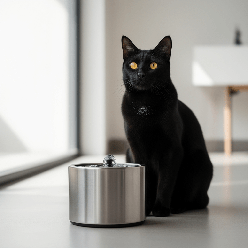 Cat Water Fountain Stainless Steel with cat - professional product lifestyle photo