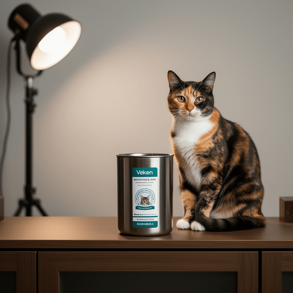 Veken Innovation Award Winner Stainless Steel Cat Water with cat - professional product lifestyle photo