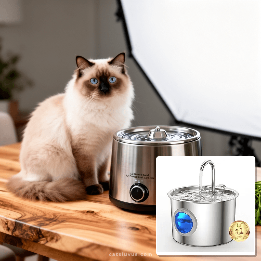 Cat Water Fountain Advanced 304 Stainless Steel 2.2L/74oz wi with cat - professional product lifestyle photo