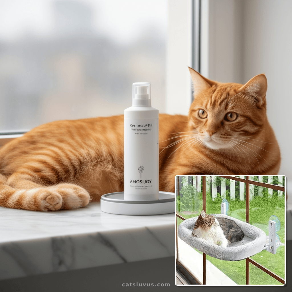 AMOSIJOY Cordless Cat Window Perch with cat - professional product lifestyle photo